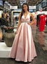 A Line Pink Deep V Neck Satin Beaded Prom Dress LBQ3009