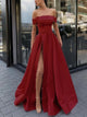 A Line Wine Red Off the Shoulder Satin Prom Dresses