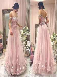 A Line Off the Shoulder Pink Floral Tulle Prom Dresses