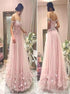 A Line Off the Shoulder Pink Floral Tulle Prom Dress LBQ2737