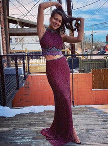 Halter Mermaid Sequin Two Piece Prom Dresses