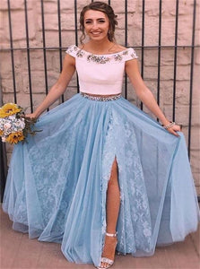 Blue Short Sleeves Sweep Train Prom Dresses