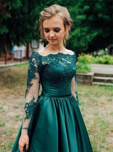 A Line Dark Green Long Sleeves Satin Prom Dresses 