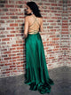 Straps Emerald Green Satin Criss Cross Sweep Train Prom Dresses with Slit 