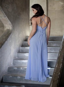A Line V Neck Floor Length Chiffon Pleats Prom Dresses