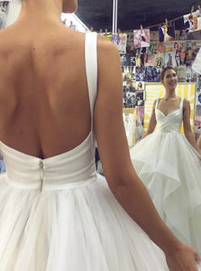 Ivory Straps Layered V Neck Ball Gown Floor Length Prom Dresses