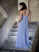 A Line V Neck Floor Length Chiffon Pleats Prom Dresses