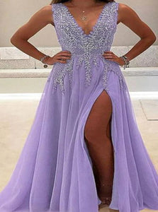 A Line V Neck Sleeveless Tulle Prom Dresses with Rhinestones 