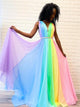 A Line Rainbow V Neck Chiffon Pleats Prom Dresses