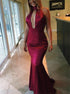 Mermaid High Neck Sweep Train Dark Red Prom Dresses with Keyhole LBQ2425