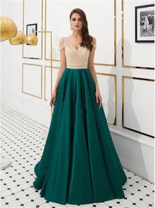 A Line Satin Open Back Prom Dresses with Beadings 