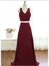 A Line Two Piece V Neck Burgundy Chiffon Criss Cross Prom Dress LBQ3064