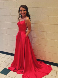A Line Red Spaghetti Straps Lace Up Prom Dresses