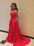 A Line Red Spaghetti Straps Lace Up Prom Dresses with Pockets LBQ2289