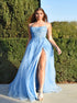 A Line Spaghetti Straps Tulle Appliques Slit Lace Up Prom Dress LBQ2405