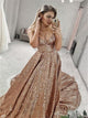 A Line Gold V Neck Sequin Prom Dresses