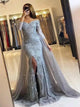 Mermaid Long Sleeves Off The Shoulder Tulle Appliques Grey Prom Dresses