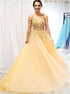 A Line Gold V Neck Spaghetti Straps Sequins Tulle Prom Dresses LBQ2366