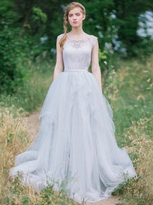A Line Scoop Appliques Tulle Open Back Prom Dresses 