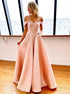 A Line Off the Shoulder Pink Satin Prom Dresses with Pocket LBQ2178