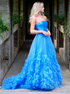 A Line Strapless Appliques Blue Tulle Prom Dress LBQ2742