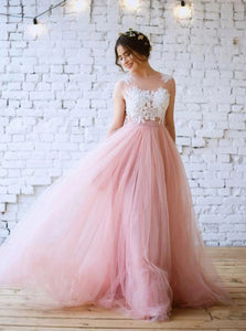 A Line Scoop Pink Tulle Prom Dresses with Appliques