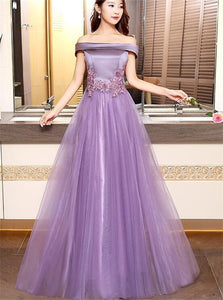 A Line Off the Shoulder Purple Tulle Satin Prom Dresses 