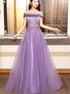 A Line Off the Shoulder Purple Tulle Satin Prom Dress LBQ2709