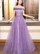 A Line Off the Shoulder Purple Tulle Satin Prom Dresses 