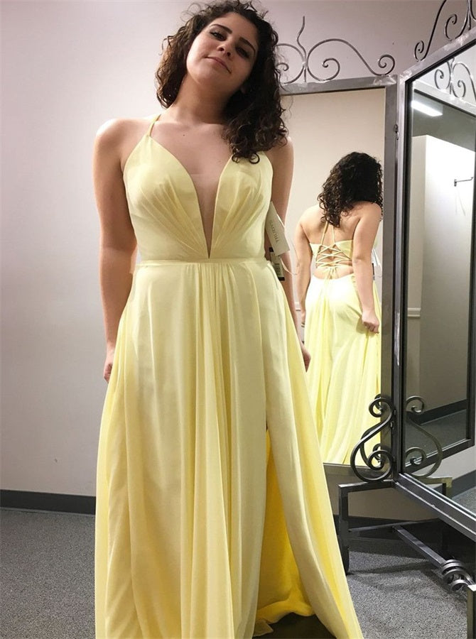 V Neck A Line Chiffon Lace Up Prom Dresses with Slit | Alinepromdress V Neck A Line Chiffon Lace Up Prom Dresses with Slit | Alinepromdress