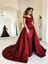 Sheath Satin Red Sweep Train Off Shoulder Prom Dress LBQ2055