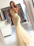 Mermaid Bateau Tulle Champagne Prom Dresses with Beadings LBQ1325