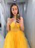 A Line Yellow Spaghetti Straps Sweetheart Tulle Pleats Prom Dresses LBQ3239