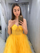 A Line Yellow Spaghetti Straps Sweetheart Tulle Pleats Prom Dresses