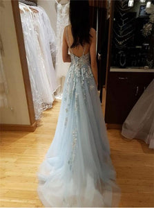 Sweep Train Blue Evening Dresses with Beading Appliques