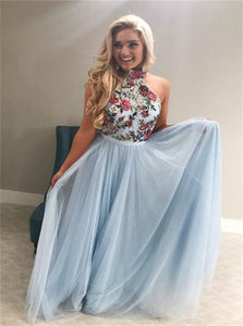 A Line High Neck Sky Blue Tulle Prom Dresses