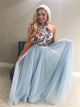 A Line High Neck Sky Blue Tulle Prom Dresses