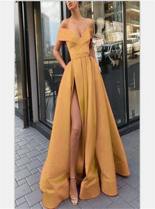 A Line Gold Satin Prom Dresses with Split