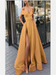 A Line Gold Satin Prom Dresses with Split
