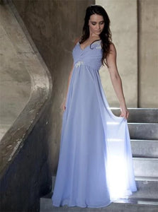 A Line V Neck Floor Length Chiffon Prom Dresses