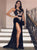 A Line V Neck Side Slit Black Velvet Prom Dresses