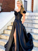 Black Satin Applique A Line Prom Dresses 