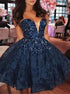 Dark Blue V Neck Lace Beading Short Prom Dresses LBQ1781