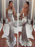 Sleeveless Sequins Mermaid Silver Halter Prom Dress LBQ1428