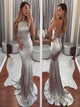 Sleeveless Sequins Mermaid Silver Halter Prom Dresses 