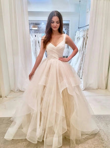 Ivory Straps Layered V Neck Ball Gown Prom Dresses