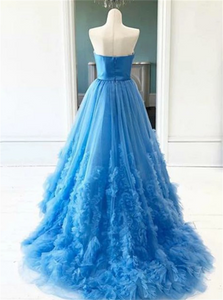 Sweep Train Blue Appliques Evening Dresses