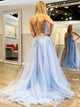 Lace Up Blue Evening Dresses