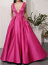 A Line V Neck Fuchsia Satin Bowknot Prom Long Dress LBQ3099