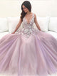 A Line Pink Chiffon V Neck Prom Dresses with Appliques